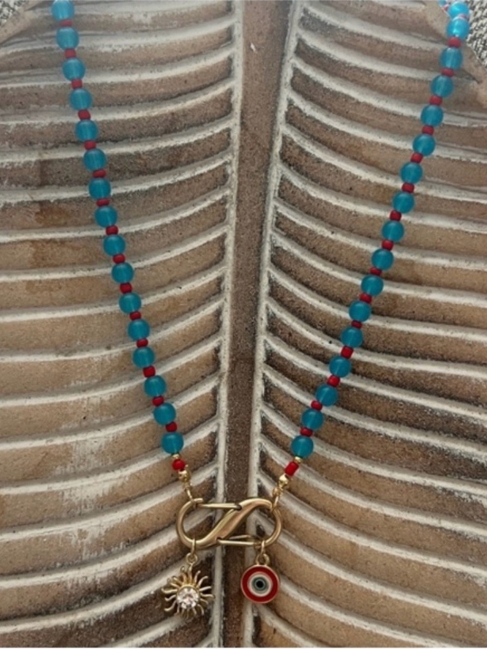MAYAMAR 24k Gold Plated Sun Evil Eye Charm Necklace with Turquoise & Red Beads